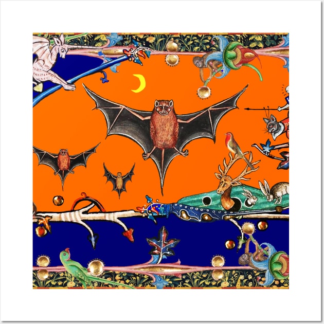 WEIRD MEDIEVAL BESTIARY,FLYING BATS IN NIGHT BLUE ORANGE ,UNICORN,KILLER RABBIT Wall Art by BulganLumini